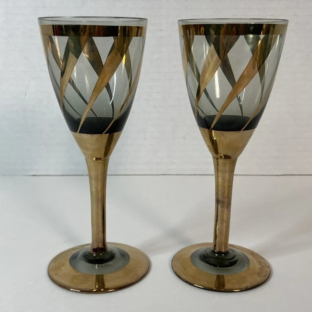 Mid Century Modern Gold Tone & Smoked Glass Flute Glasses 5.75